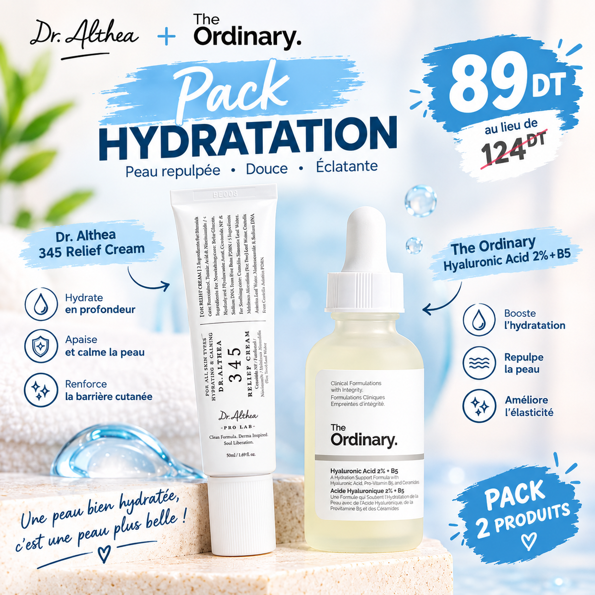 Pack Hydratation : Dr. Althea 345 Relief Cream + The Ordinary Hyaluronic Acid 2% + B5