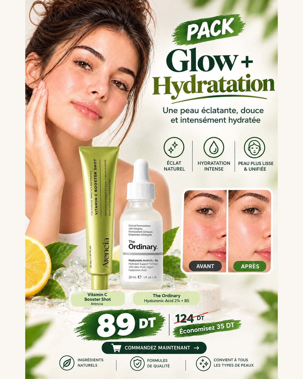 Pack Glow+ Hydratation : Arencia – Vitamin C Booster Shot + The Ordinary  Hyaluronic Acid 2% + B5