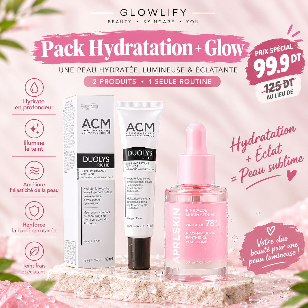 Pack Hydratation + Glow : APRILSKIN Pink Aloe Mucin Serum + ACM Duolys Riche Soin Hydratant Anti-Âge